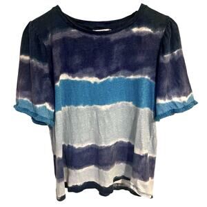 Chicos Linen Top Size Large Fringe Short Sleeves Boho Blue Watercolor Tie Dye